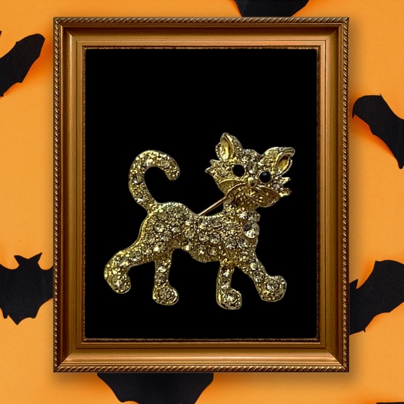 Gold Tone Rhinestone Cat Brooch - Picture 2 of 8